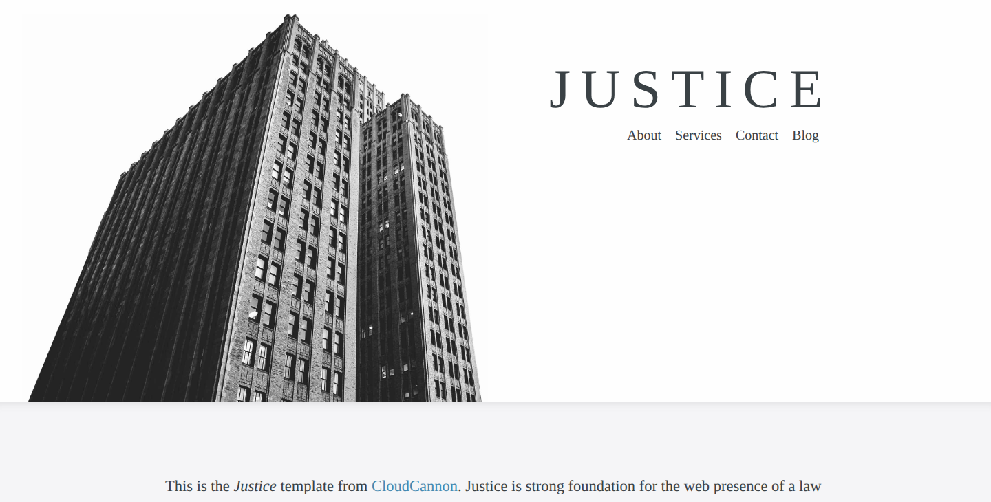 Screenshot of the Justice website template — lawyer & professional services