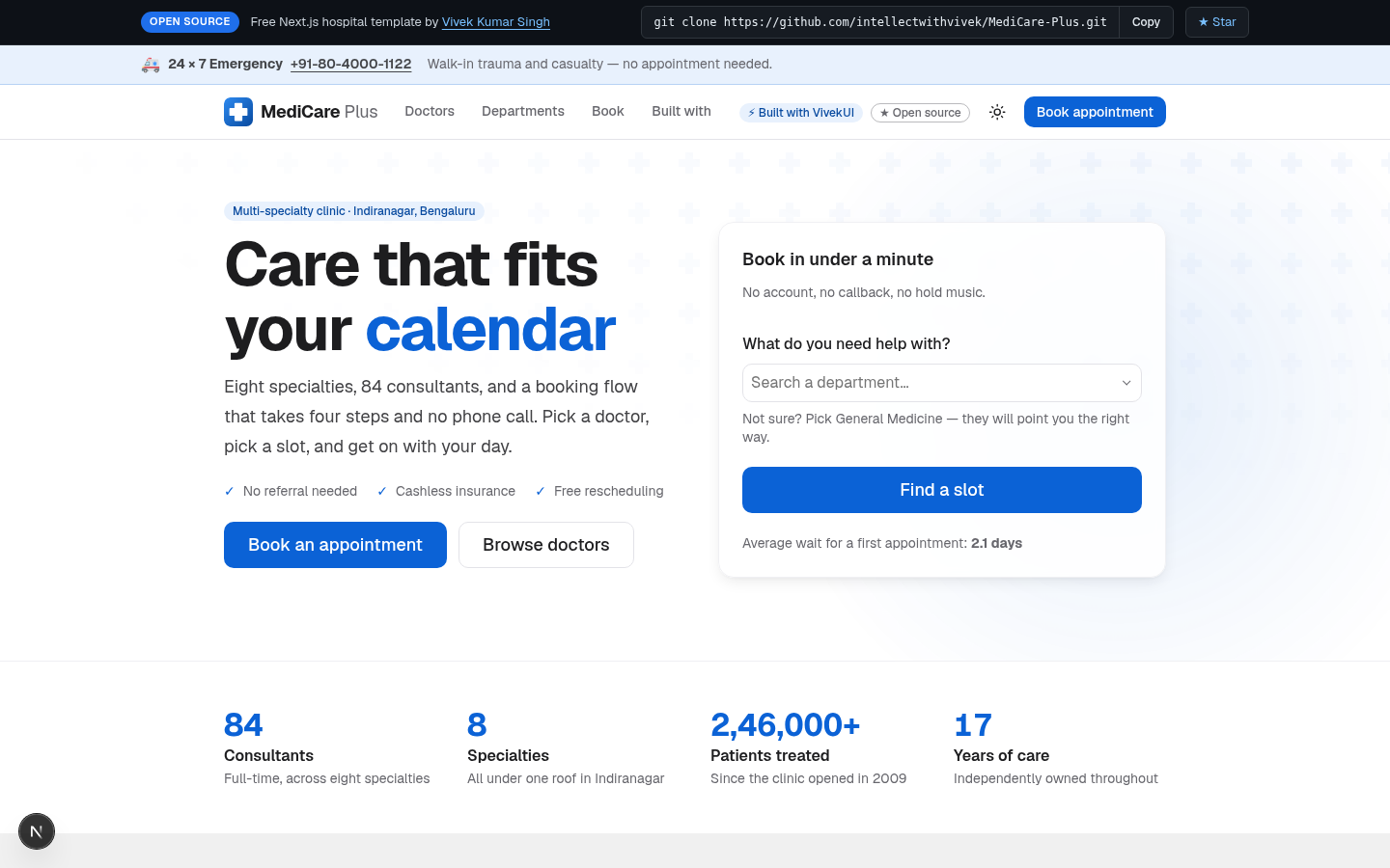 Screenshot of the MediCare Plus website template — medical & clinic