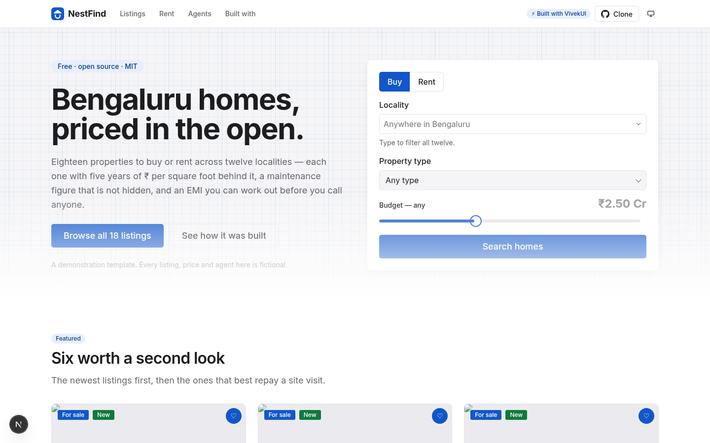 Screenshot of the NestFind website template — real estate